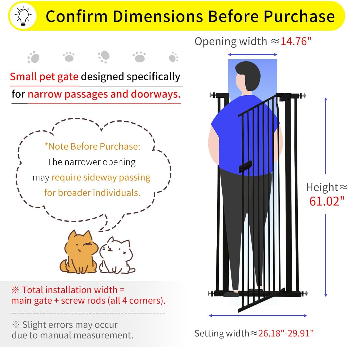 Extra Tall Cat Gate 55.12" High 26.18"-29.91" Wide Pet Gate Black | Dog Gate for Doorway Hallway Stairs Pressure Mounted Extra Wide 1.37" Gap No Drilling Auto-Close One-Handed Operation