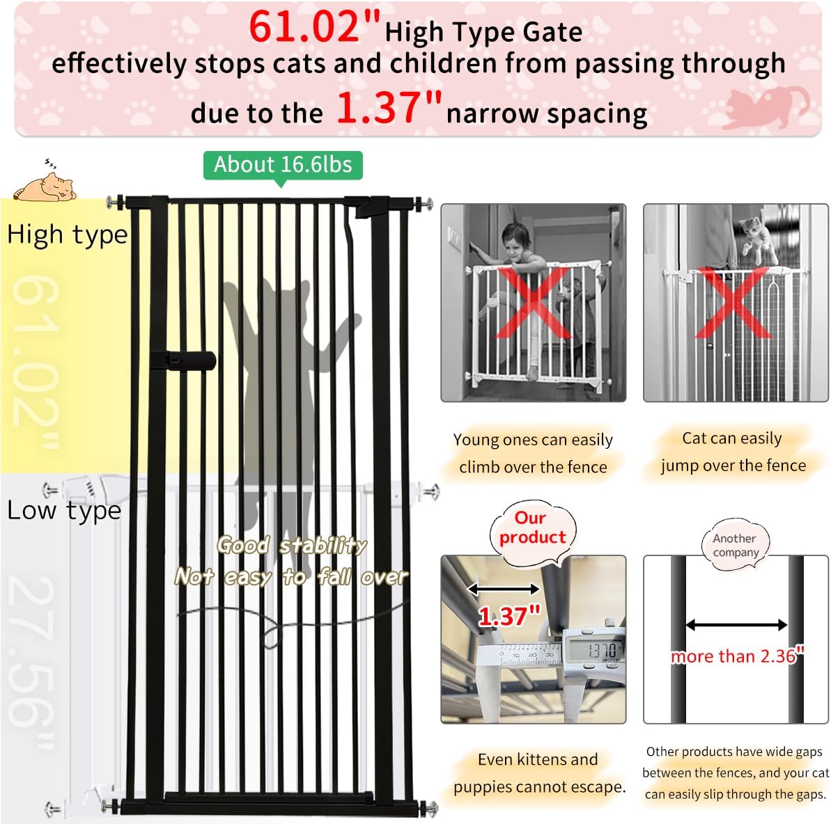 Extra Tall Cat Gate 55.12" High 26.18"-29.91" Wide Pet Gate Black | Dog Gate for Doorway Hallway Stairs Pressure Mounted Extra Wide 1.37" Gap No Drilling Auto-Close One-Handed Operation