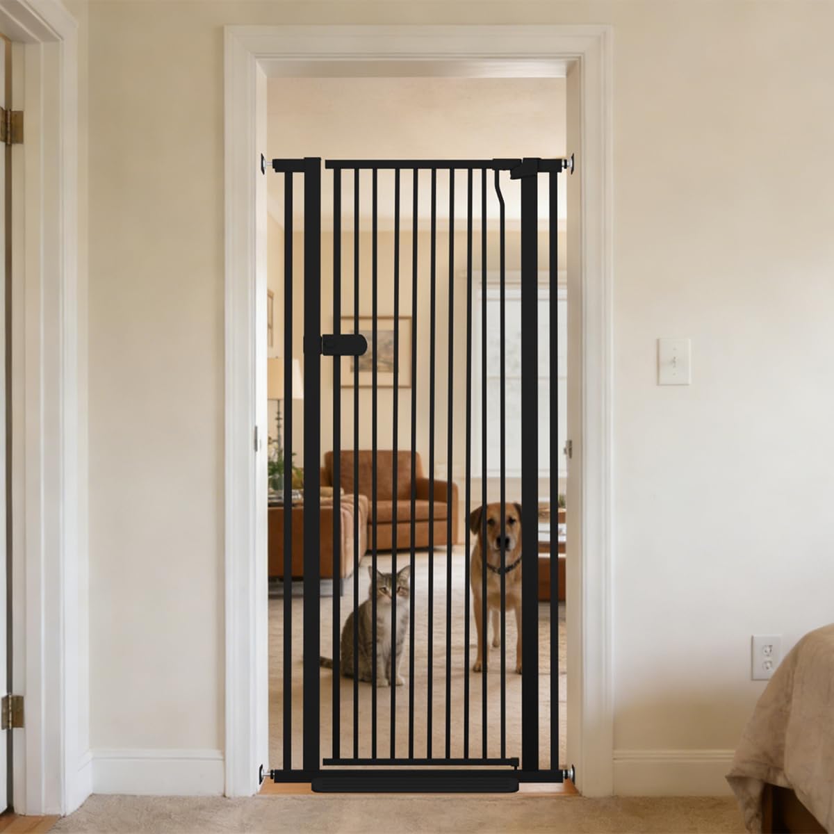Extra Tall Cat Gate 55.12" High 26.18"-29.91" Wide Pet Gate Black | Dog Gate for Doorway Hallway Stairs Pressure Mounted Extra Wide 1.37" Gap No Drilling Auto-Close One-Handed Operation