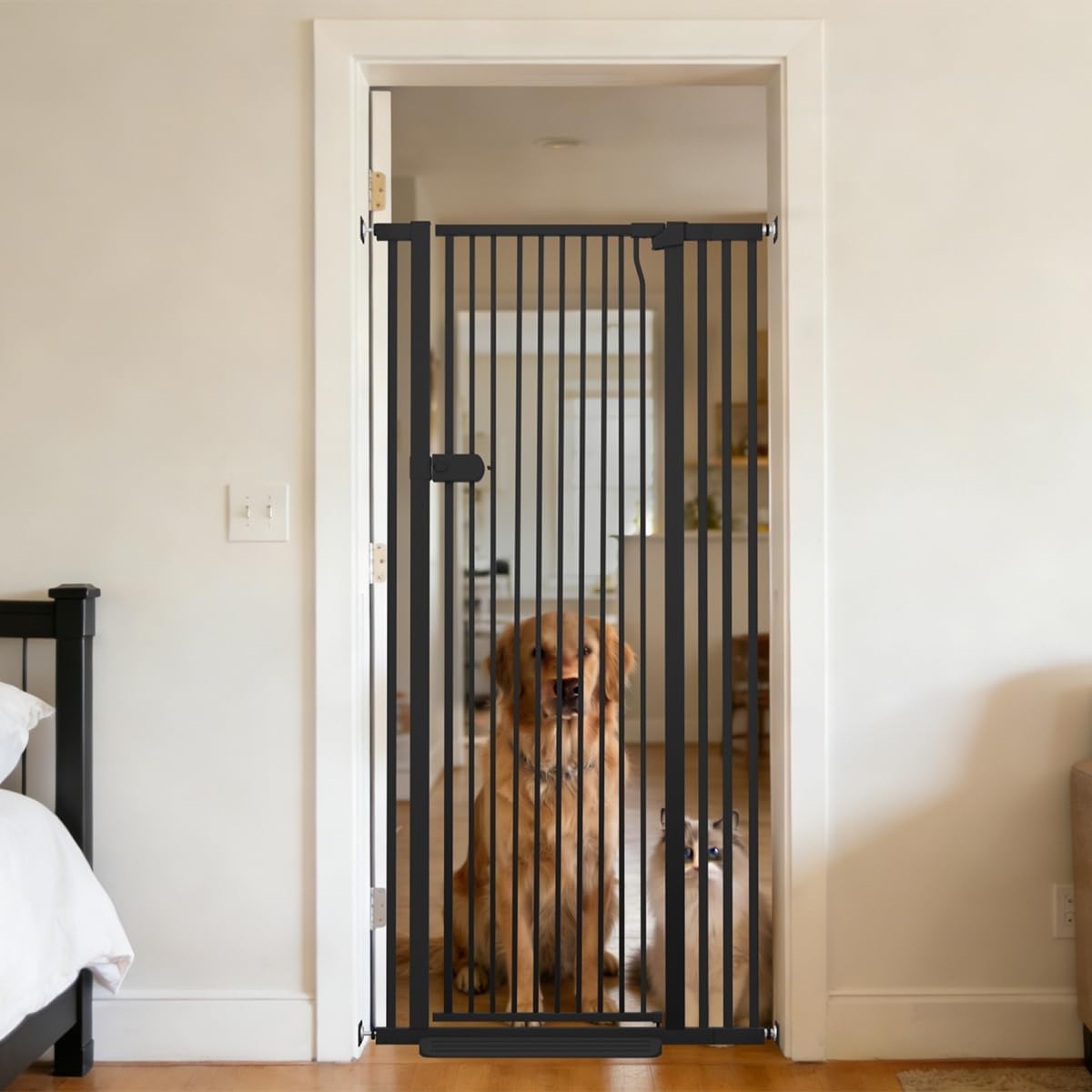 Extra Tall Cat Gate 55.12" High 26.18"-29.91" Wide Pet Gate Black | Dog Gate for Doorway Hallway Stairs Pressure Mounted Extra Wide 1.37" Gap No Drilling Auto-Close One-Handed Operation