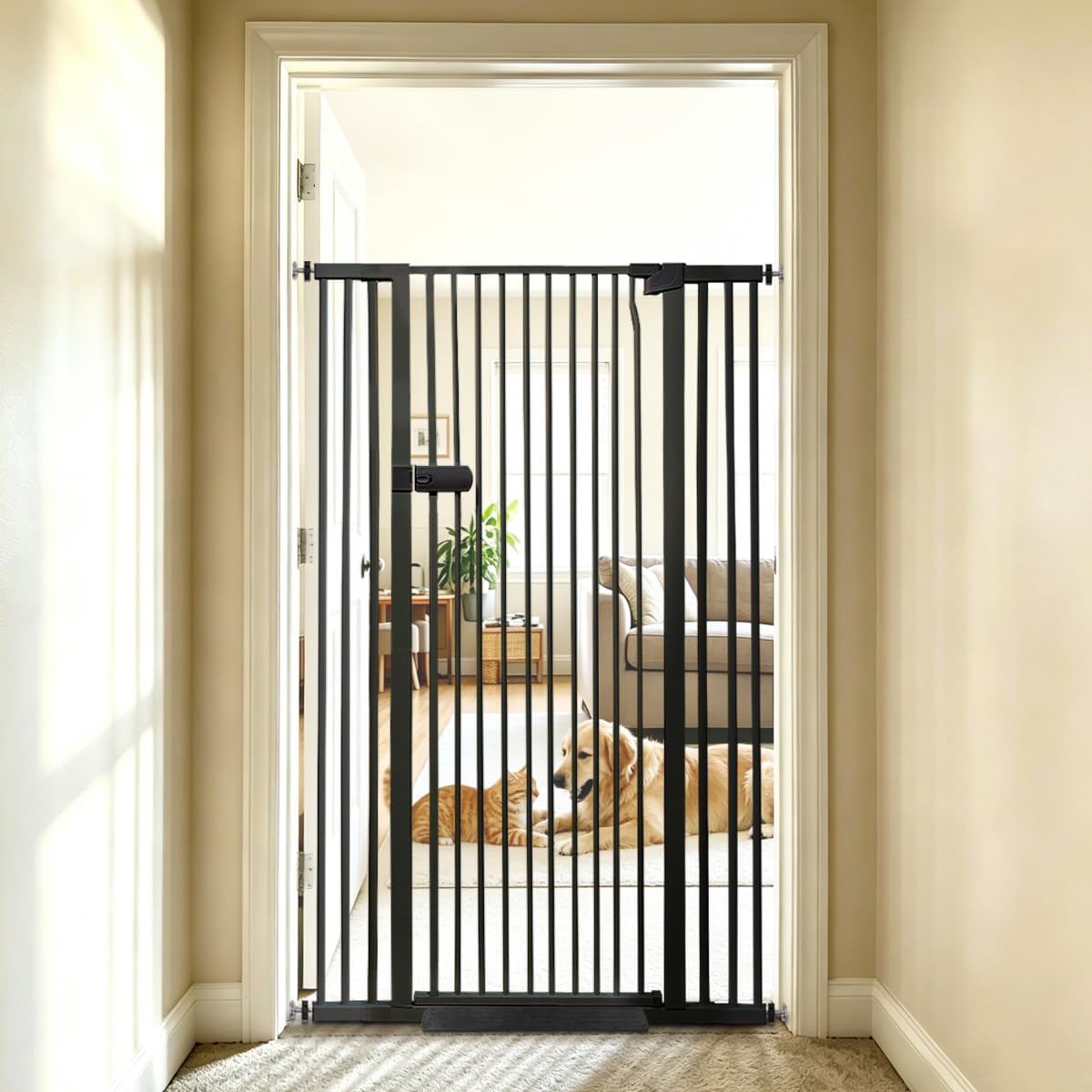 Extra Tall Cat Gate 55.12" High 26.18"-29.91" Wide Pet Gate Black | Dog Gate for Doorway Hallway Stairs Pressure Mounted Extra Wide 1.37" Gap No Drilling Auto-Close One-Handed Operation