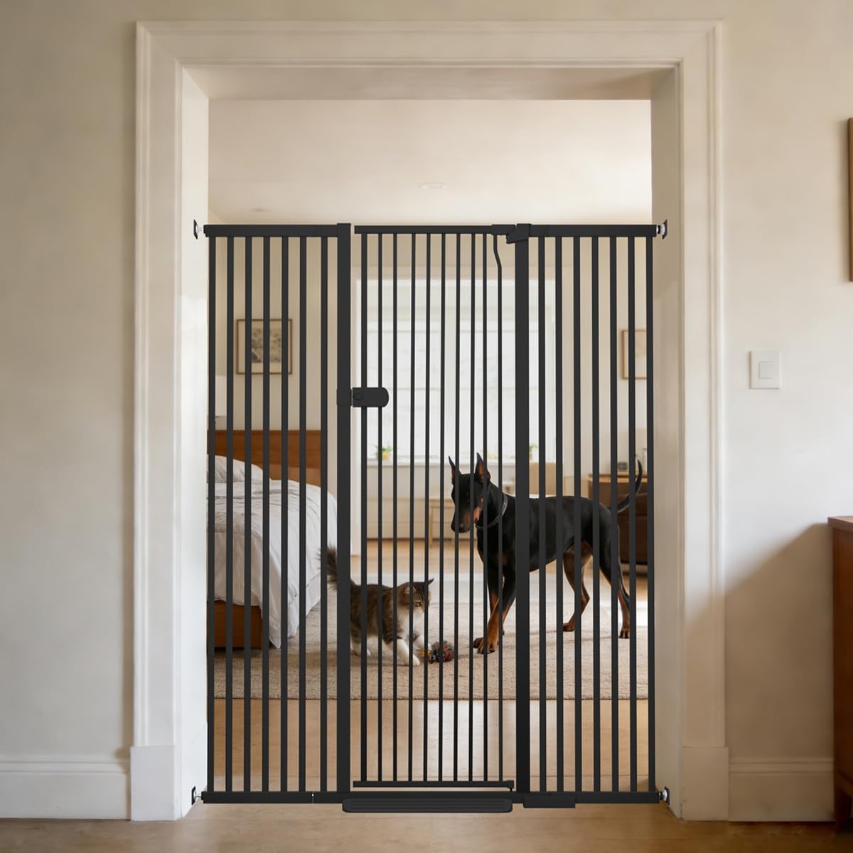 Extra Tall Cat Gate 55.12" High 26.18"-29.91" Wide Pet Gate Black | Dog Gate for Doorway Hallway Stairs Pressure Mounted Extra Wide 1.37" Gap No Drilling Auto-Close One-Handed Operation
