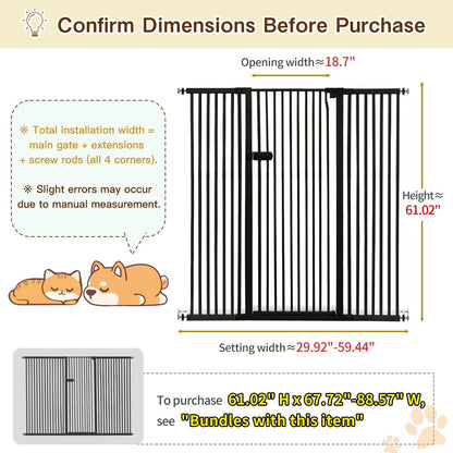 Extra Tall Cat Gate 55.12" High 26.18"-29.91" Wide Pet Gate Black | Dog Gate for Doorway Hallway Stairs Pressure Mounted Extra Wide 1.37" Gap No Drilling Auto-Close One-Handed Operation