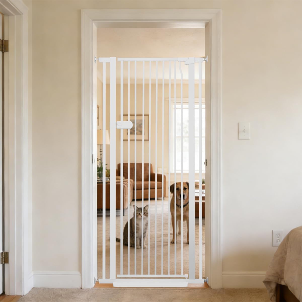 Extra Tall Cat Gate 55.12" High 26.18"-29.91" Wide Pet Gate Black | Dog Gate for Doorway Hallway Stairs Pressure Mounted Extra Wide 1.37" Gap No Drilling Auto-Close One-Handed Operation