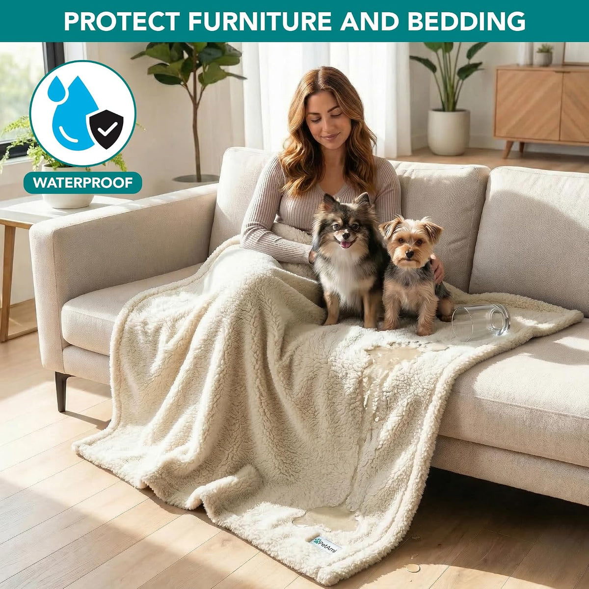 Fluffy Sherpa Waterproof Dog Blanket for Small Pet Cat, 24x32 Blue | Soft & Warm & Washable; Leafproof Couch Sofa Protector for Small Medium Large Pet; Pee Proof Cover for Crate Kennel Car Seat