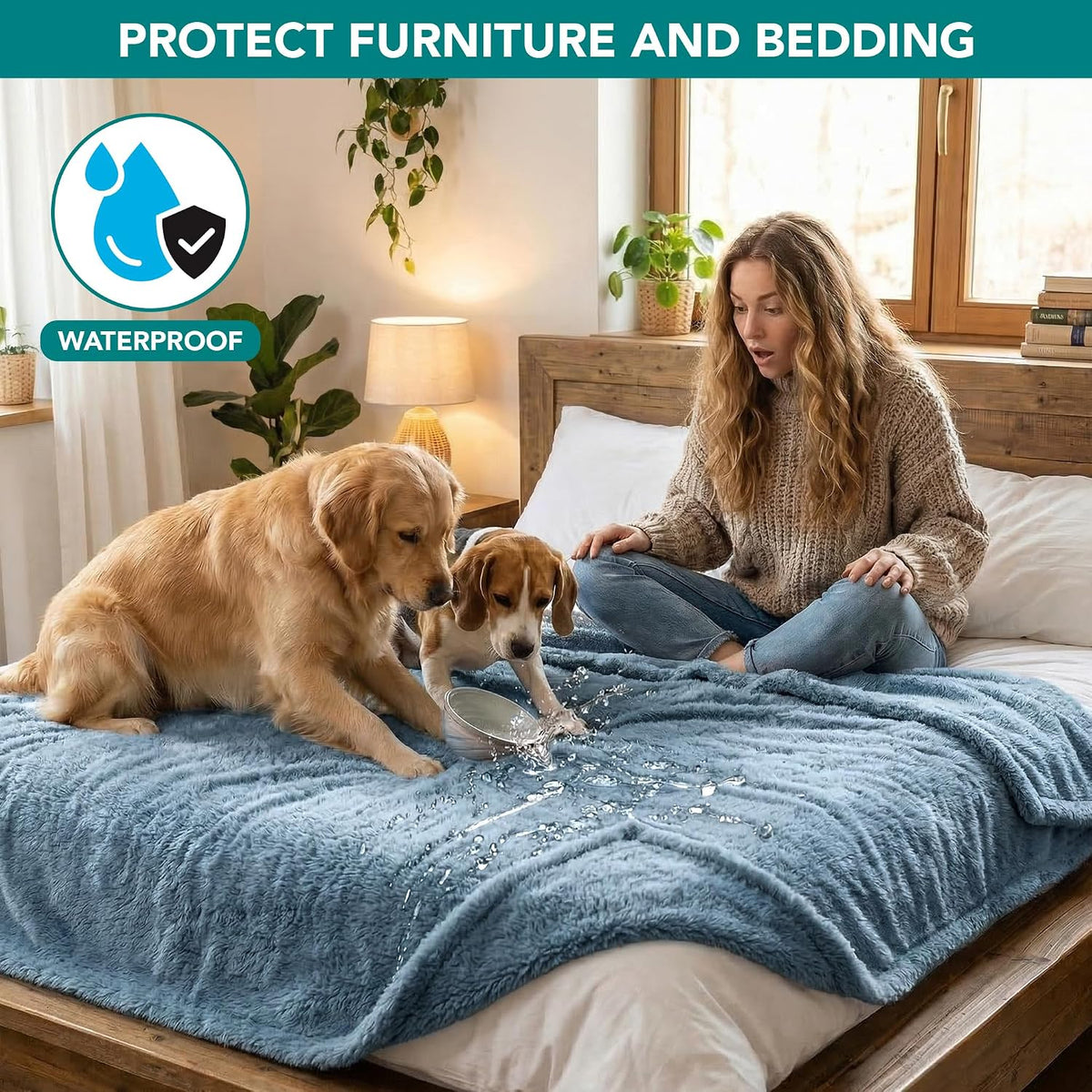 Fluffy Sherpa Waterproof Dog Blanket for Small Pet Cat, 24x32 Blue | Soft & Warm & Washable; Leafproof Couch Sofa Protector for Small Medium Large Pet; Pee Proof Cover for Crate Kennel Car Seat
