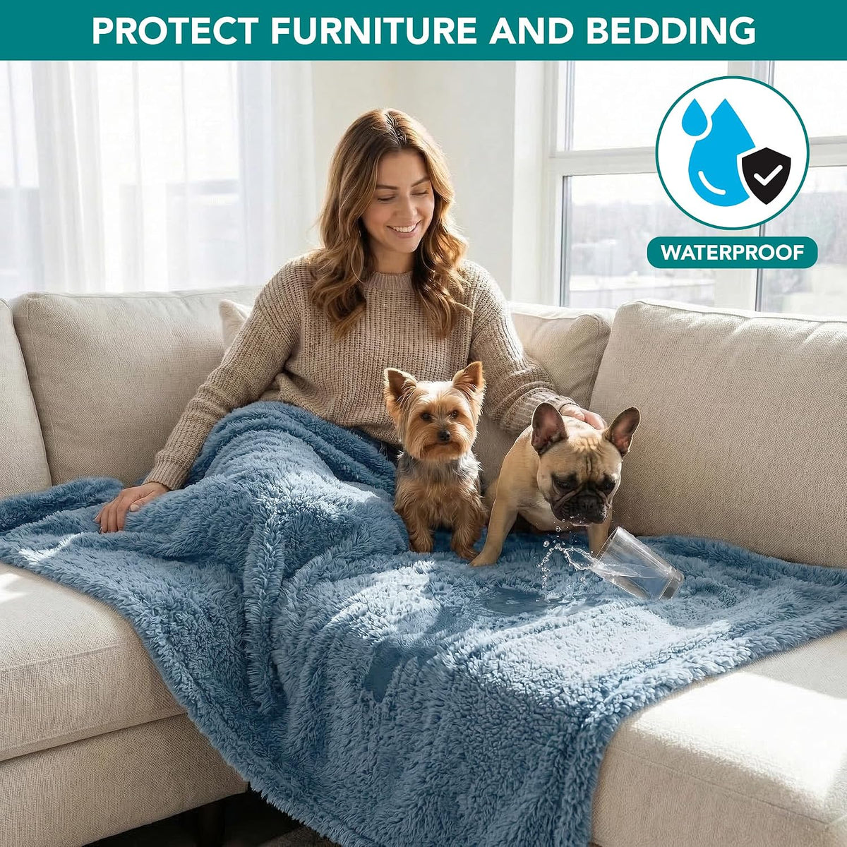 Fluffy Sherpa Waterproof Dog Blanket for Small Pet Cat, 24x32 Blue | Soft & Warm & Washable; Leafproof Couch Sofa Protector for Small Medium Large Pet; Pee Proof Cover for Crate Kennel Car Seat