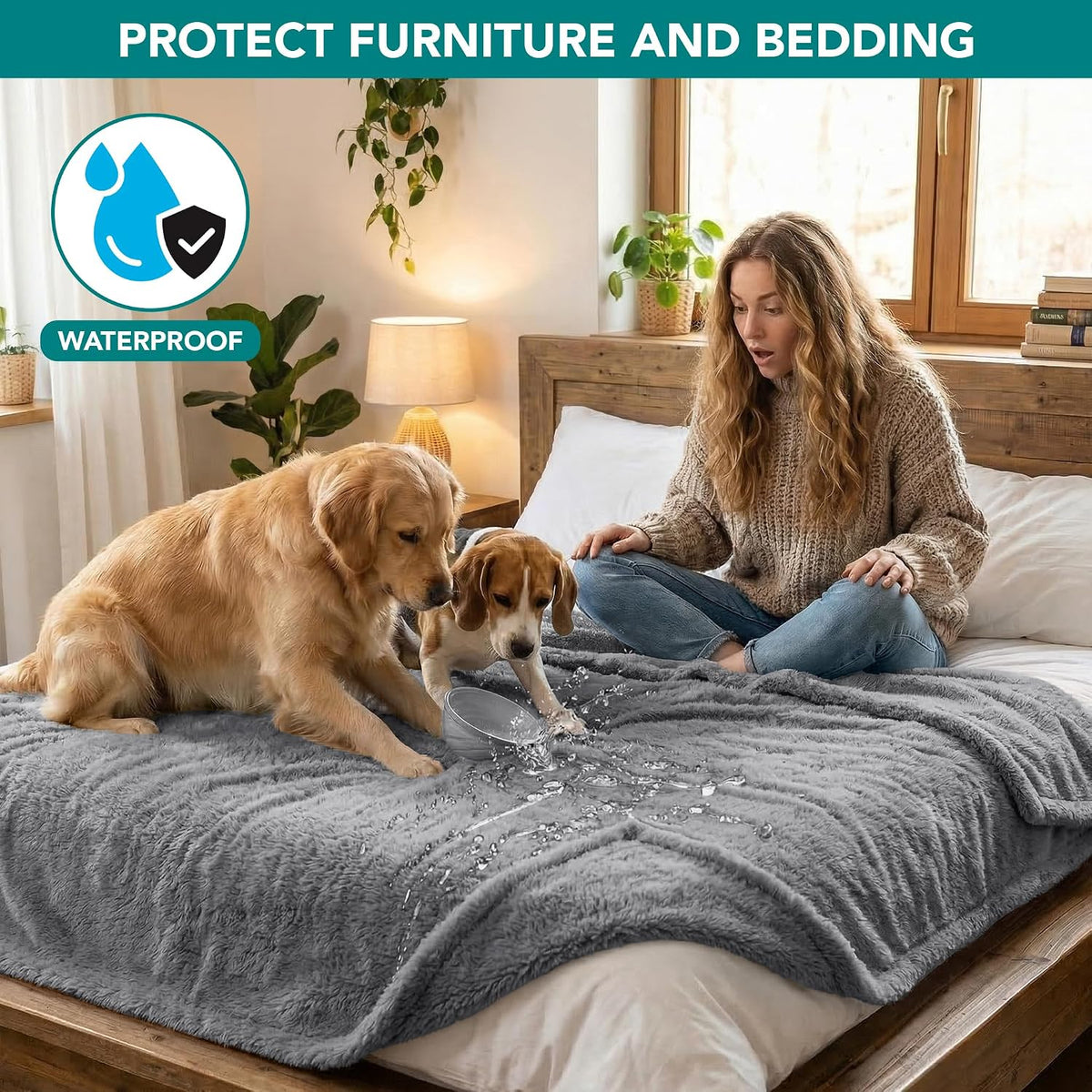 Fluffy Sherpa Waterproof Dog Blanket for Small Pet Cat, 24x32 Blue | Soft & Warm & Washable; Leafproof Couch Sofa Protector for Small Medium Large Pet; Pee Proof Cover for Crate Kennel Car Seat