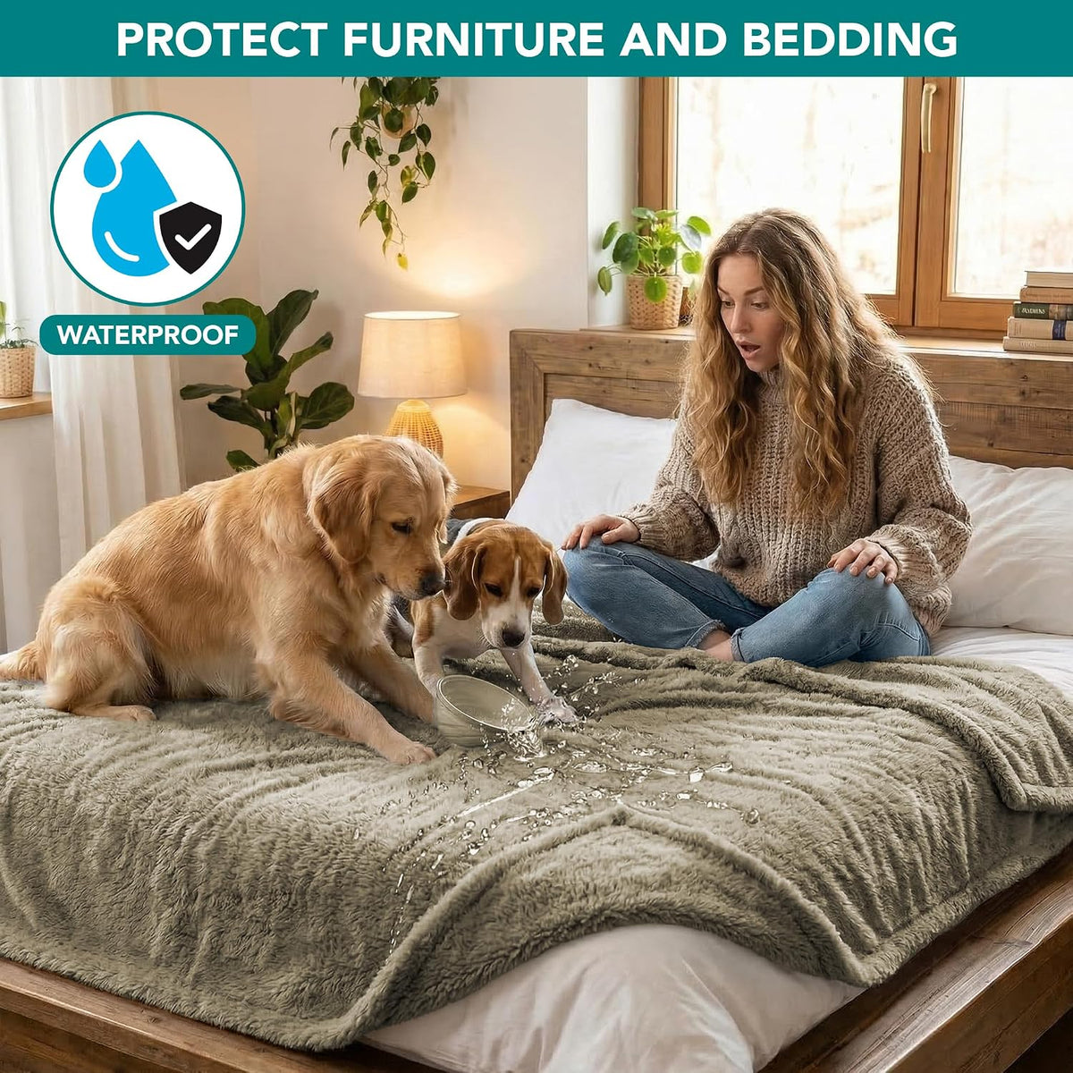 Fluffy Sherpa Waterproof Dog Blanket for Small Pet Cat, 24x32 Blue | Soft & Warm & Washable; Leafproof Couch Sofa Protector for Small Medium Large Pet; Pee Proof Cover for Crate Kennel Car Seat