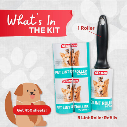 Pet Hair Lint Roller, 450 Sheets Furniture Lint Rollers for Pet Hair, 1 Heavy Duty Lint Roller for Clothes + 5 Sticky Lint Rollers Refills - Xfasten