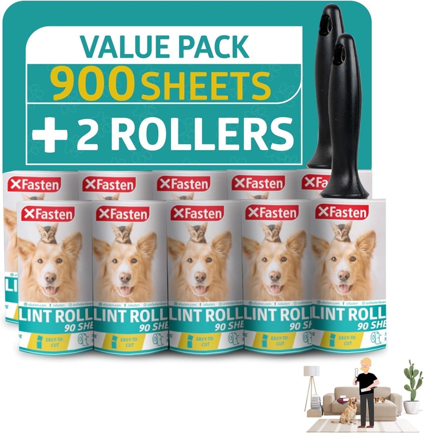 Pet Hair Lint Roller, 450 Sheets Furniture Lint Rollers for Pet Hair, 1 Heavy Duty Lint Roller for Clothes + 5 Sticky Lint Rollers Refills - Xfasten