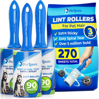 PetLovers Extra Sticky Lint Roller Mega Value Set 900 Sheets for Pet Hair Removal and Clothes, Dog and Cat Lint Remover, 10 Pack