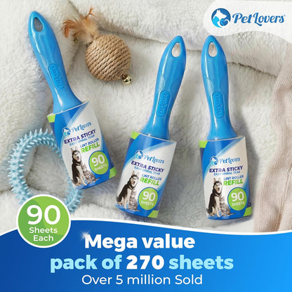 PetLovers Extra Sticky Lint Roller Mega Value Set 900 Sheets for Pet Hair Removal and Clothes, Dog and Cat Lint Remover, 10 Pack