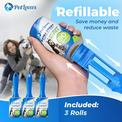 PetLovers Extra Sticky Lint Roller Mega Value Set 900 Sheets for Pet Hair Removal and Clothes, Dog and Cat Lint Remover, 10 Pack