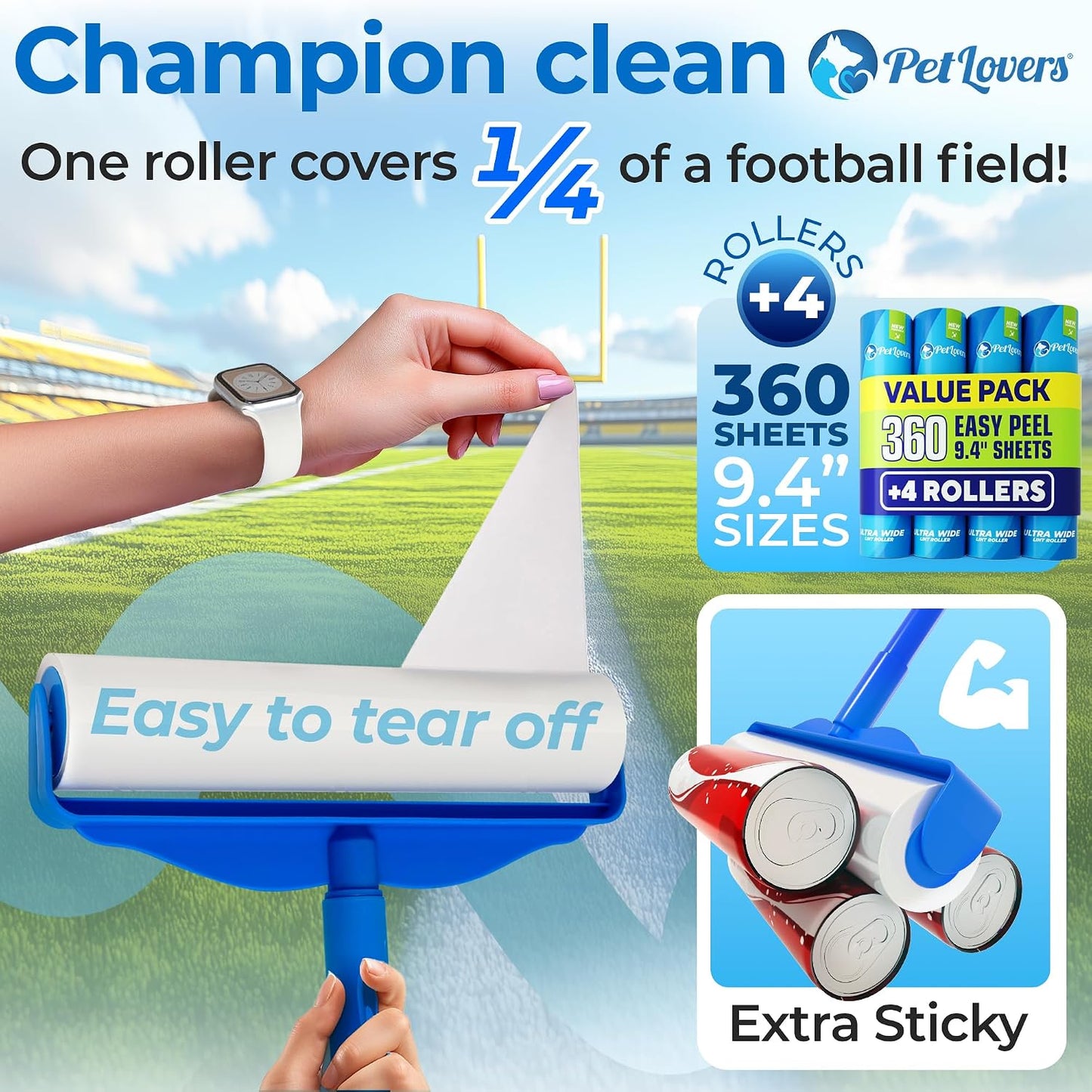 PetLovers Extra Sticky Lint Roller Mega Value Set 900 Sheets for Pet Hair Removal and Clothes, Dog and Cat Lint Remover, 10 Pack