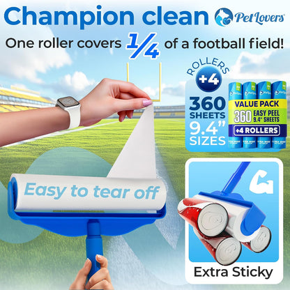 PetLovers Extra Sticky Lint Roller Mega Value Set 900 Sheets for Pet Hair Removal and Clothes, Dog and Cat Lint Remover, 10 Pack