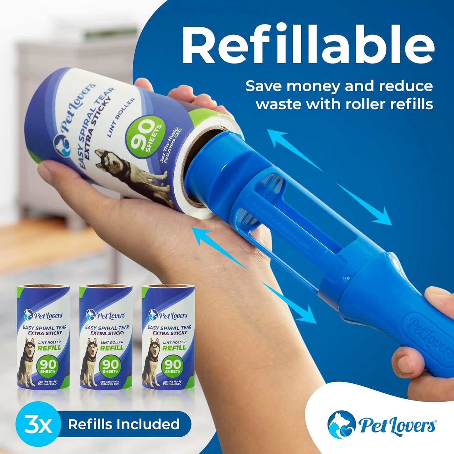 PetLovers Extra Sticky Lint Roller Mega Value Set 900 Sheets for Pet Hair Removal and Clothes, Dog and Cat Lint Remover, 10 Pack