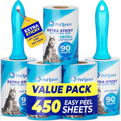 PetLovers Extra Sticky Lint Roller Mega Value Set 900 Sheets for Pet Hair Removal and Clothes, Dog and Cat Lint Remover, 10 Pack