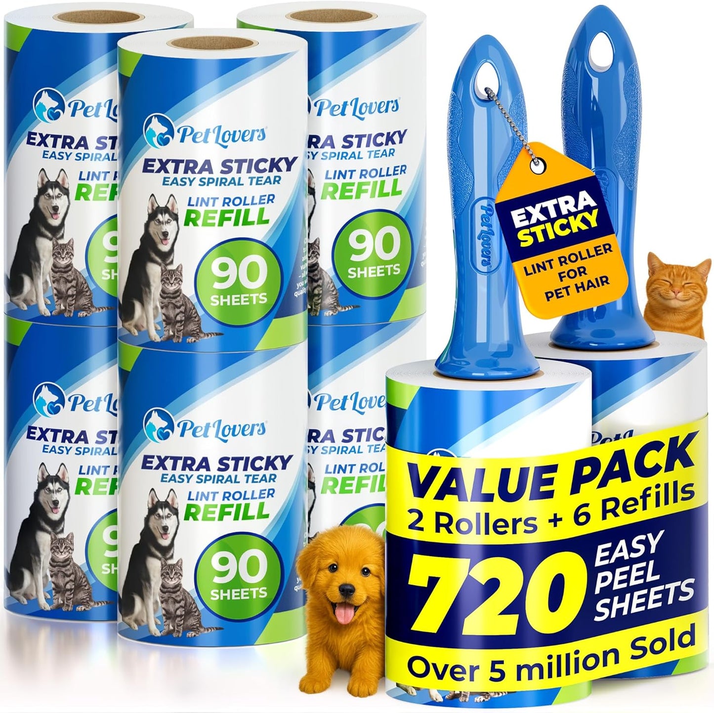 PetLovers Extra Sticky Lint Roller Mega Value Set 900 Sheets for Pet Hair Removal and Clothes, Dog and Cat Lint Remover, 10 Pack