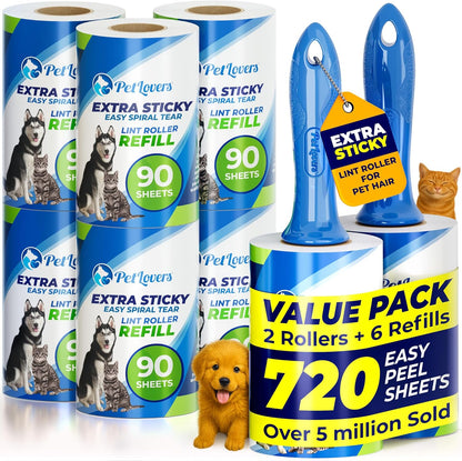 PetLovers Extra Sticky Lint Roller Mega Value Set 900 Sheets for Pet Hair Removal and Clothes, Dog and Cat Lint Remover, 10 Pack