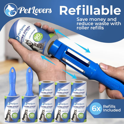 PetLovers Extra Sticky Lint Roller Mega Value Set 900 Sheets for Pet Hair Removal and Clothes, Dog and Cat Lint Remover, 10 Pack