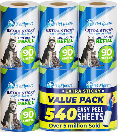PetLovers Extra Sticky Lint Roller Mega Value Set 900 Sheets for Pet Hair Removal and Clothes, Dog and Cat Lint Remover, 10 Pack