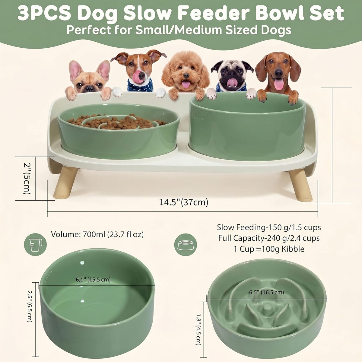Elevated Slow Feeder Dog Bowls with Splash Proof Stand, Slow Eating 5X | 6.5″ Dog Slow Feeding Bowls & 6.1″ Dog Food Dish, Non-Slip Raised Food and Water Bowl Set for Small and Medium Breeds, White