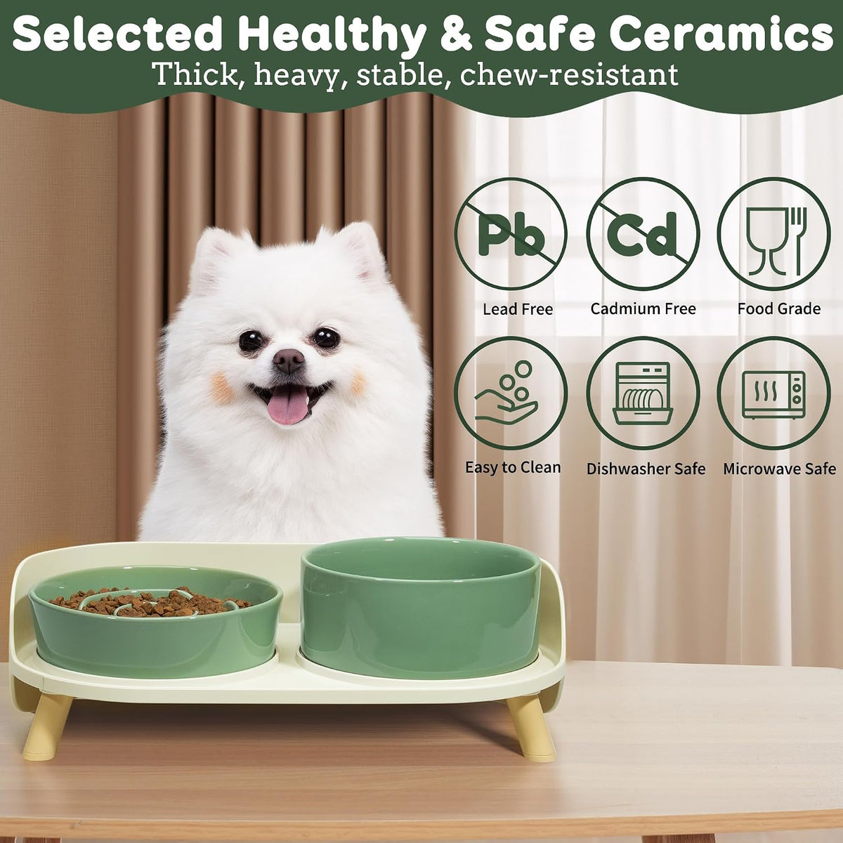 Elevated Slow Feeder Dog Bowls with Splash Proof Stand, Slow Eating 5X | 6.5″ Dog Slow Feeding Bowls & 6.1″ Dog Food Dish, Non-Slip Raised Food and Water Bowl Set for Small and Medium Breeds, White