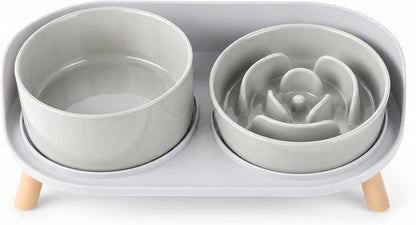 Elevated Slow Feeder Dog Bowls with Splash Proof Stand, Slow Eating 5X | 6.5″ Dog Slow Feeding Bowls & 6.1″ Dog Food Dish, Non-Slip Raised Food and Water Bowl Set for Small and Medium Breeds, White