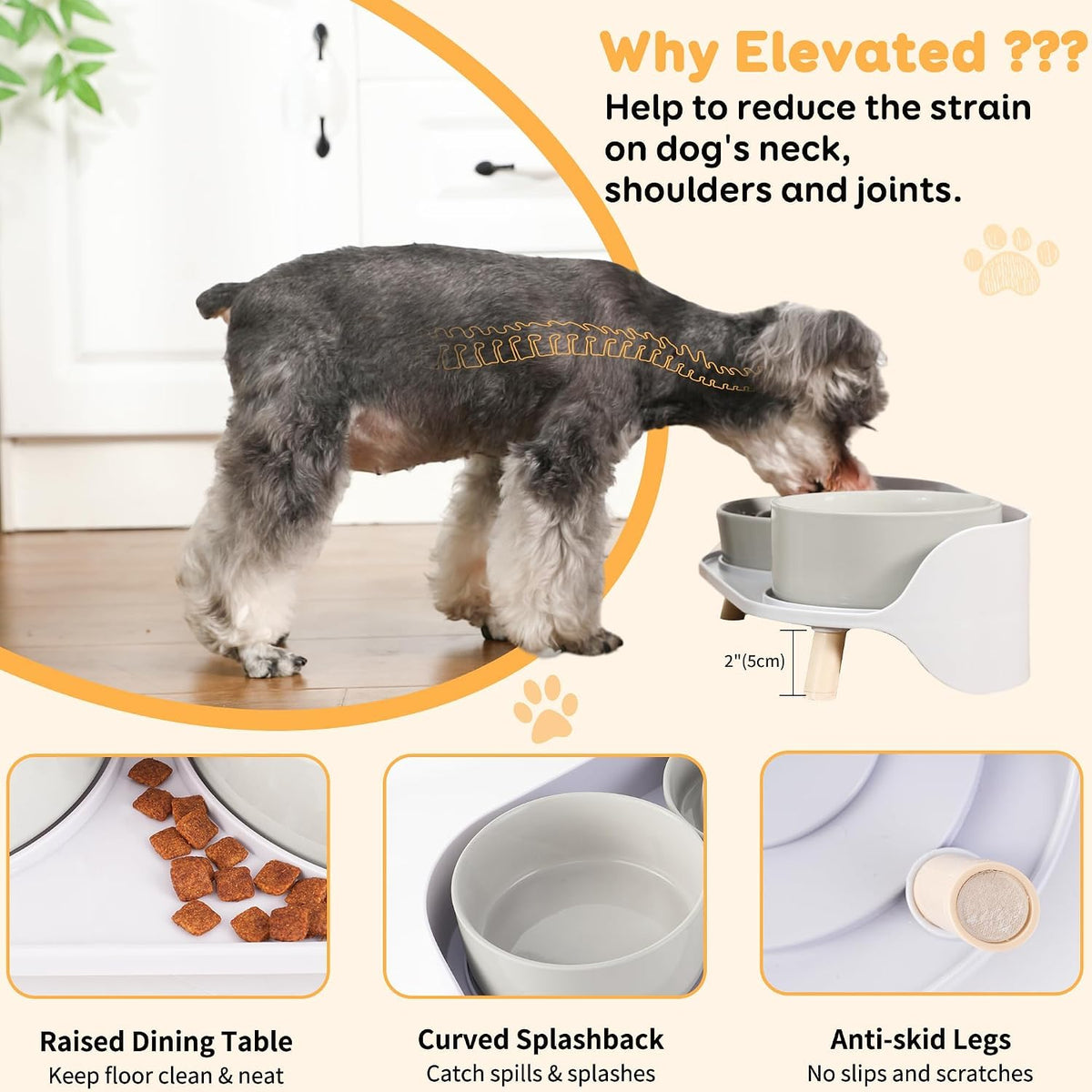 Elevated Slow Feeder Dog Bowls with Splash Proof Stand, Slow Eating 5X | 6.5″ Dog Slow Feeding Bowls & 6.1″ Dog Food Dish, Non-Slip Raised Food and Water Bowl Set for Small and Medium Breeds, White