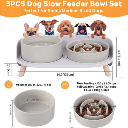 Elevated Slow Feeder Dog Bowls with Splash Proof Stand, Slow Eating 5X | 6.5″ Dog Slow Feeding Bowls & 6.1″ Dog Food Dish, Non-Slip Raised Food and Water Bowl Set for Small and Medium Breeds, White