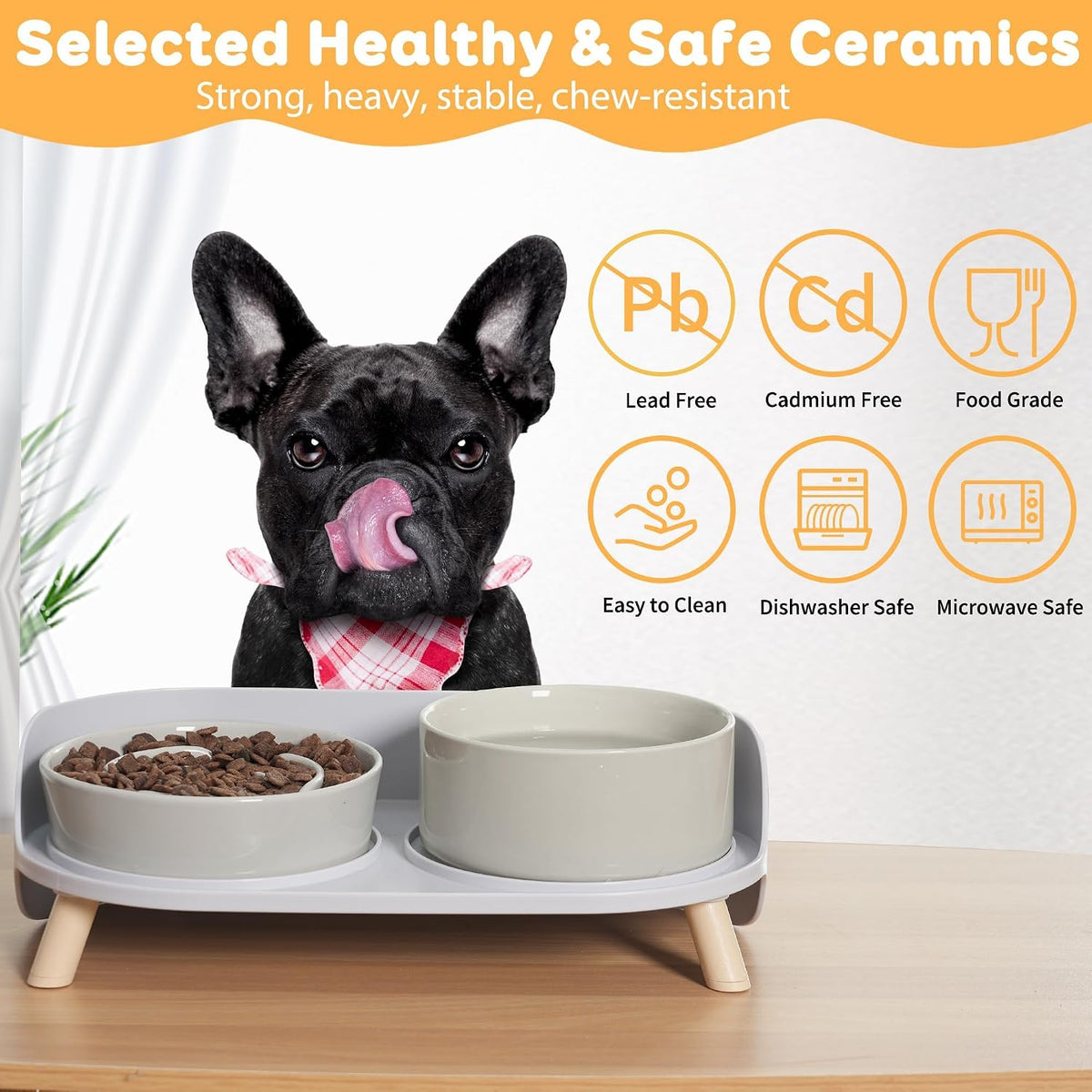 Elevated Slow Feeder Dog Bowls with Splash Proof Stand, Slow Eating 5X | 6.5″ Dog Slow Feeding Bowls & 6.1″ Dog Food Dish, Non-Slip Raised Food and Water Bowl Set for Small and Medium Breeds, White