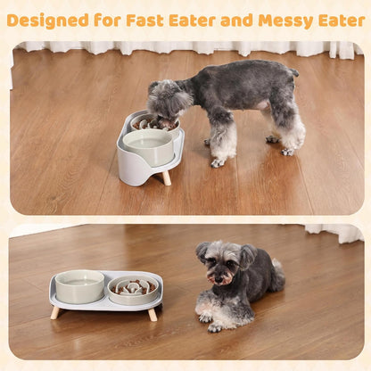 Elevated Slow Feeder Dog Bowls with Splash Proof Stand, Slow Eating 5X | 6.5″ Dog Slow Feeding Bowls & 6.1″ Dog Food Dish, Non-Slip Raised Food and Water Bowl Set for Small and Medium Breeds, White