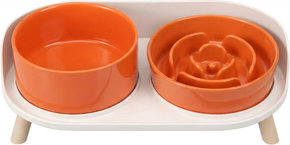 Elevated Slow Feeder Dog Bowls with Splash Proof Stand, Slow Eating 5X | 6.5″ Dog Slow Feeding Bowls & 6.1″ Dog Food Dish, Non-Slip Raised Food and Water Bowl Set for Small and Medium Breeds, White