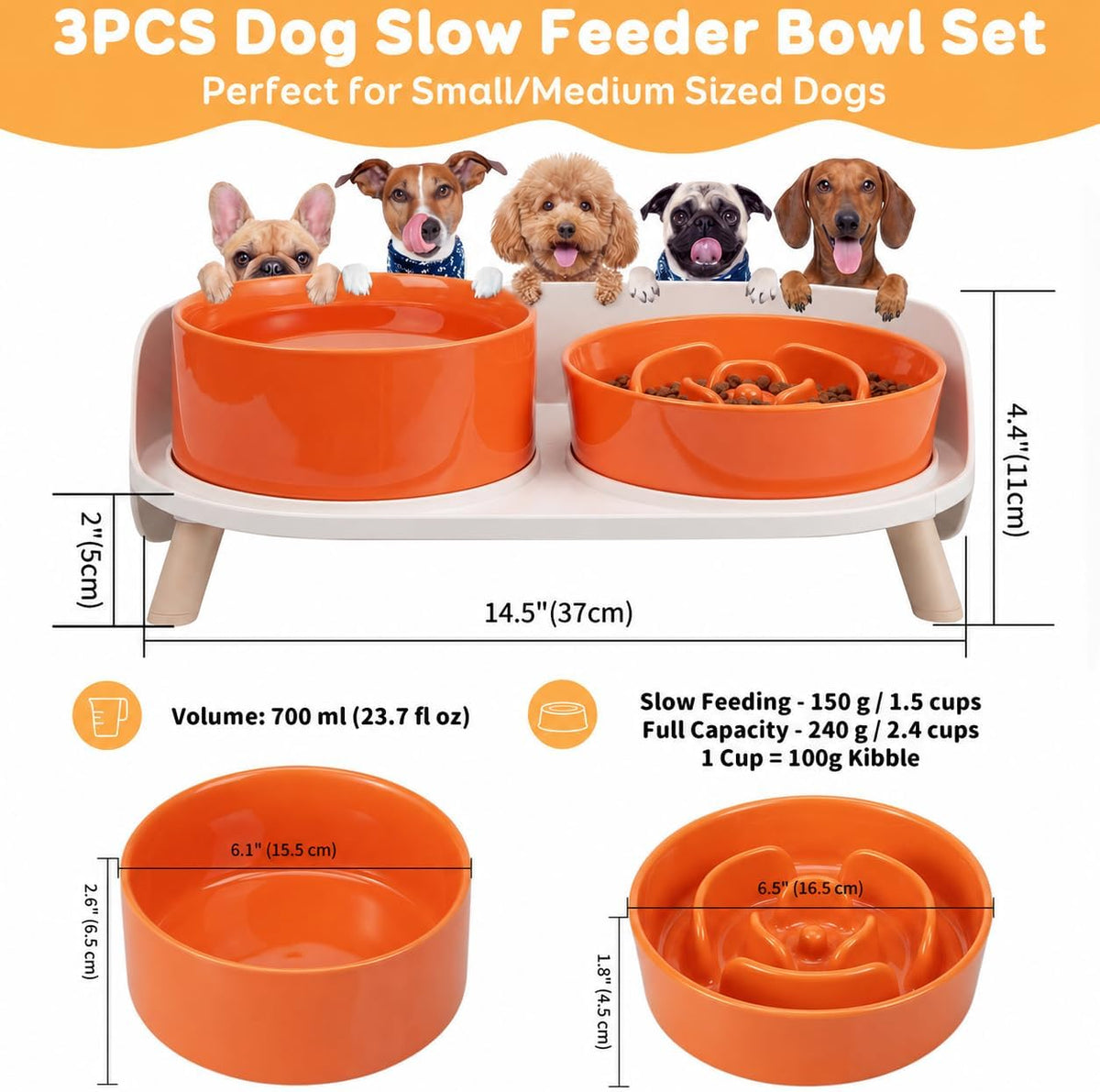 Elevated Slow Feeder Dog Bowls with Splash Proof Stand, Slow Eating 5X | 6.5″ Dog Slow Feeding Bowls & 6.1″ Dog Food Dish, Non-Slip Raised Food and Water Bowl Set for Small and Medium Breeds, White
