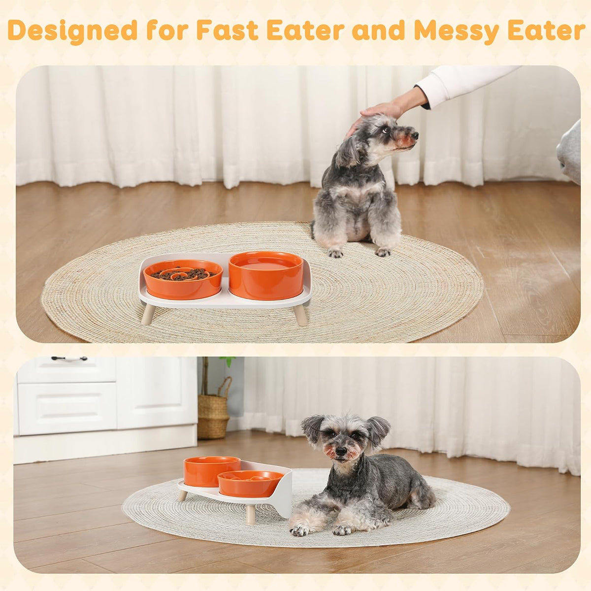Elevated Slow Feeder Dog Bowls with Splash Proof Stand, Slow Eating 5X | 6.5″ Dog Slow Feeding Bowls & 6.1″ Dog Food Dish, Non-Slip Raised Food and Water Bowl Set for Small and Medium Breeds, White
