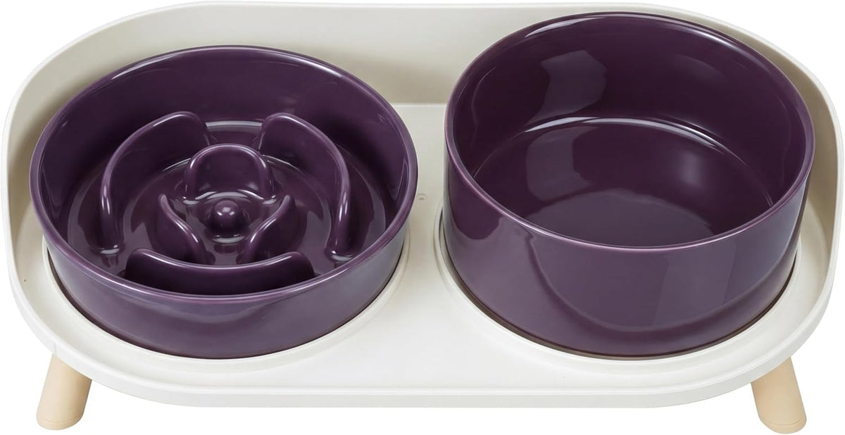 Elevated Slow Feeder Dog Bowls with Splash Proof Stand, Slow Eating 5X | 6.5″ Dog Slow Feeding Bowls & 6.1″ Dog Food Dish, Non-Slip Raised Food and Water Bowl Set for Small and Medium Breeds, White