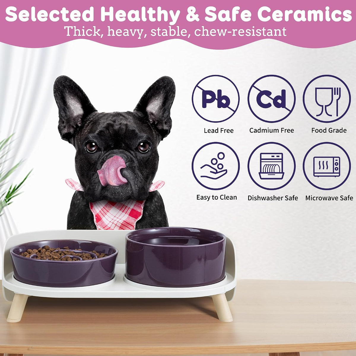 Elevated Slow Feeder Dog Bowls with Splash Proof Stand, Slow Eating 5X | 6.5″ Dog Slow Feeding Bowls & 6.1″ Dog Food Dish, Non-Slip Raised Food and Water Bowl Set for Small and Medium Breeds, White