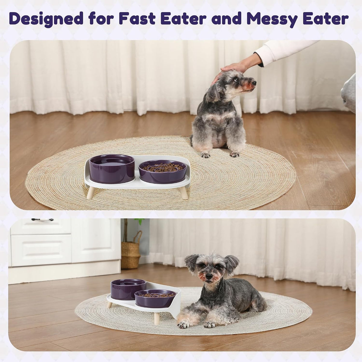 Elevated Slow Feeder Dog Bowls with Splash Proof Stand, Slow Eating 5X | 6.5″ Dog Slow Feeding Bowls & 6.1″ Dog Food Dish, Non-Slip Raised Food and Water Bowl Set for Small and Medium Breeds, White
