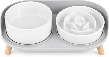Elevated Slow Feeder Dog Bowls with Splash Proof Stand, Slow Eating 5X | 6.5″ Dog Slow Feeding Bowls & 6.1″ Dog Food Dish, Non-Slip Raised Food and Water Bowl Set for Small and Medium Breeds, White