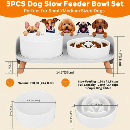Elevated Slow Feeder Dog Bowls with Splash Proof Stand, Slow Eating 5X | 6.5″ Dog Slow Feeding Bowls & 6.1″ Dog Food Dish, Non-Slip Raised Food and Water Bowl Set for Small and Medium Breeds, White