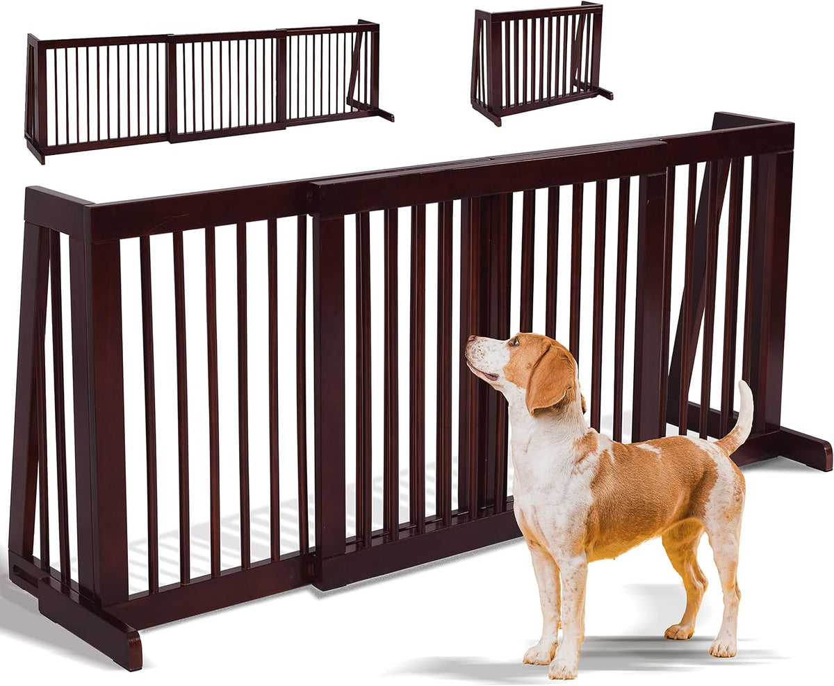 Freestanding Dog Gate, 28-81 Inch Folding Expandable Indoor Puppy Fence w/Widening Feet, Extra Wide Pet Gates, Wood Barrier, Step Over Dog Door for The House, Doorways, Stairs