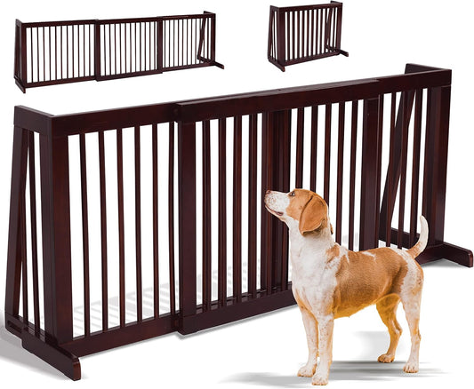 Freestanding Dog Gate, 28-81 Inch Folding Expandable Indoor Puppy Fence w/Widening Feet, Extra Wide Pet Gates, Wood Barrier, Step Over Dog Door for The House, Doorways, Stairs