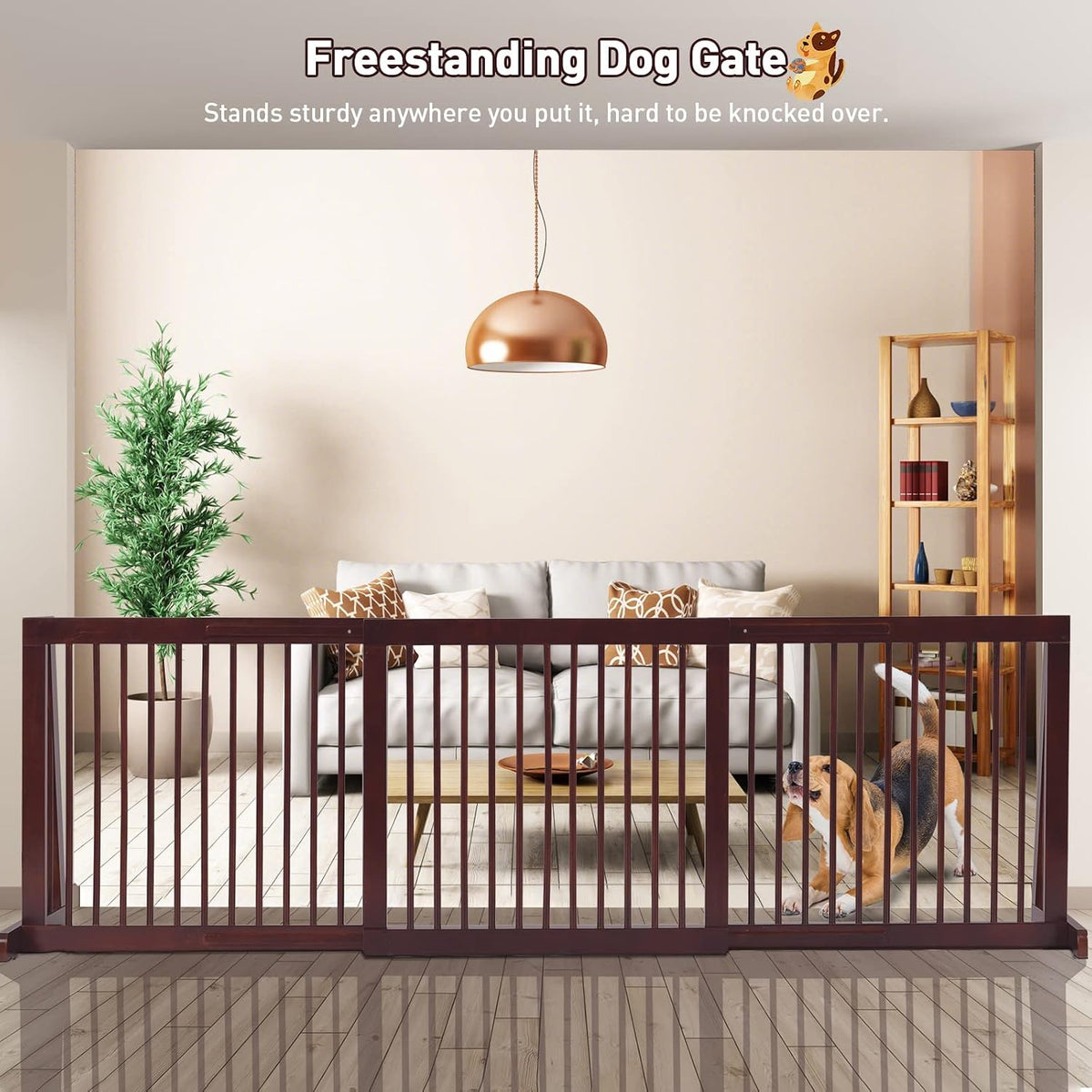 Freestanding Dog Gate, 28-81 Inch Folding Expandable Indoor Puppy Fence w/Widening Feet, Extra Wide Pet Gates, Wood Barrier, Step Over Dog Door for The House, Doorways, Stairs