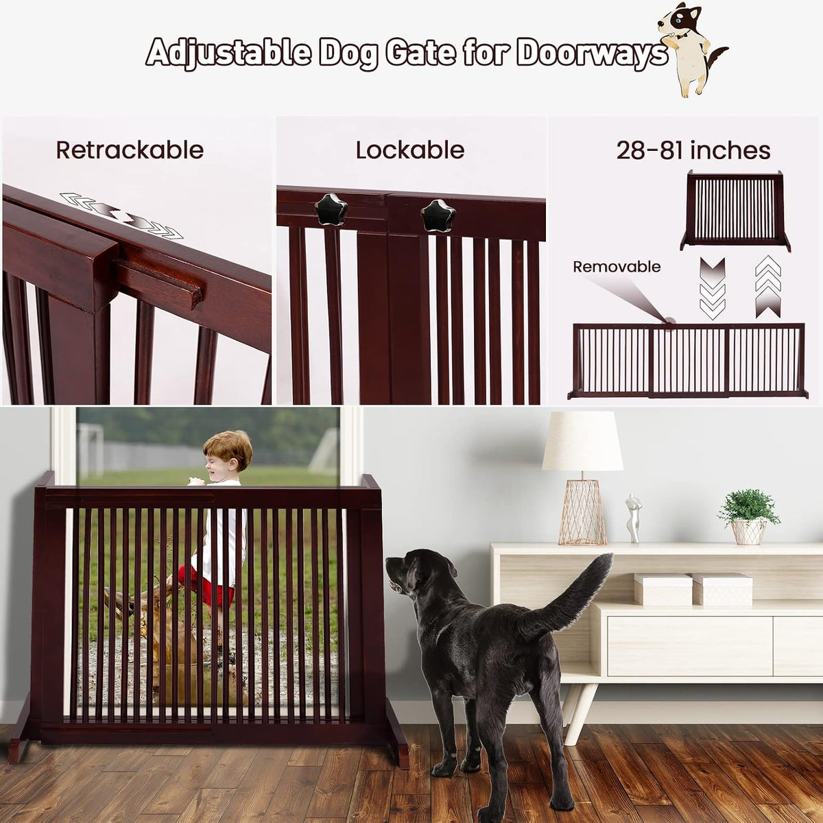Freestanding Dog Gate, 28-81 Inch Folding Expandable Indoor Puppy Fence w/Widening Feet, Extra Wide Pet Gates, Wood Barrier, Step Over Dog Door for The House, Doorways, Stairs