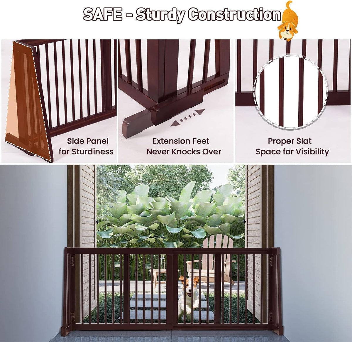 Freestanding Dog Gate, 28-81 Inch Folding Expandable Indoor Puppy Fence w/Widening Feet, Extra Wide Pet Gates, Wood Barrier, Step Over Dog Door for The House, Doorways, Stairs