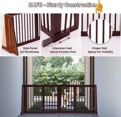 Freestanding Dog Gate, 28-81 Inch Folding Expandable Indoor Puppy Fence w/Widening Feet, Extra Wide Pet Gates, Wood Barrier, Step Over Dog Door for The House, Doorways, Stairs