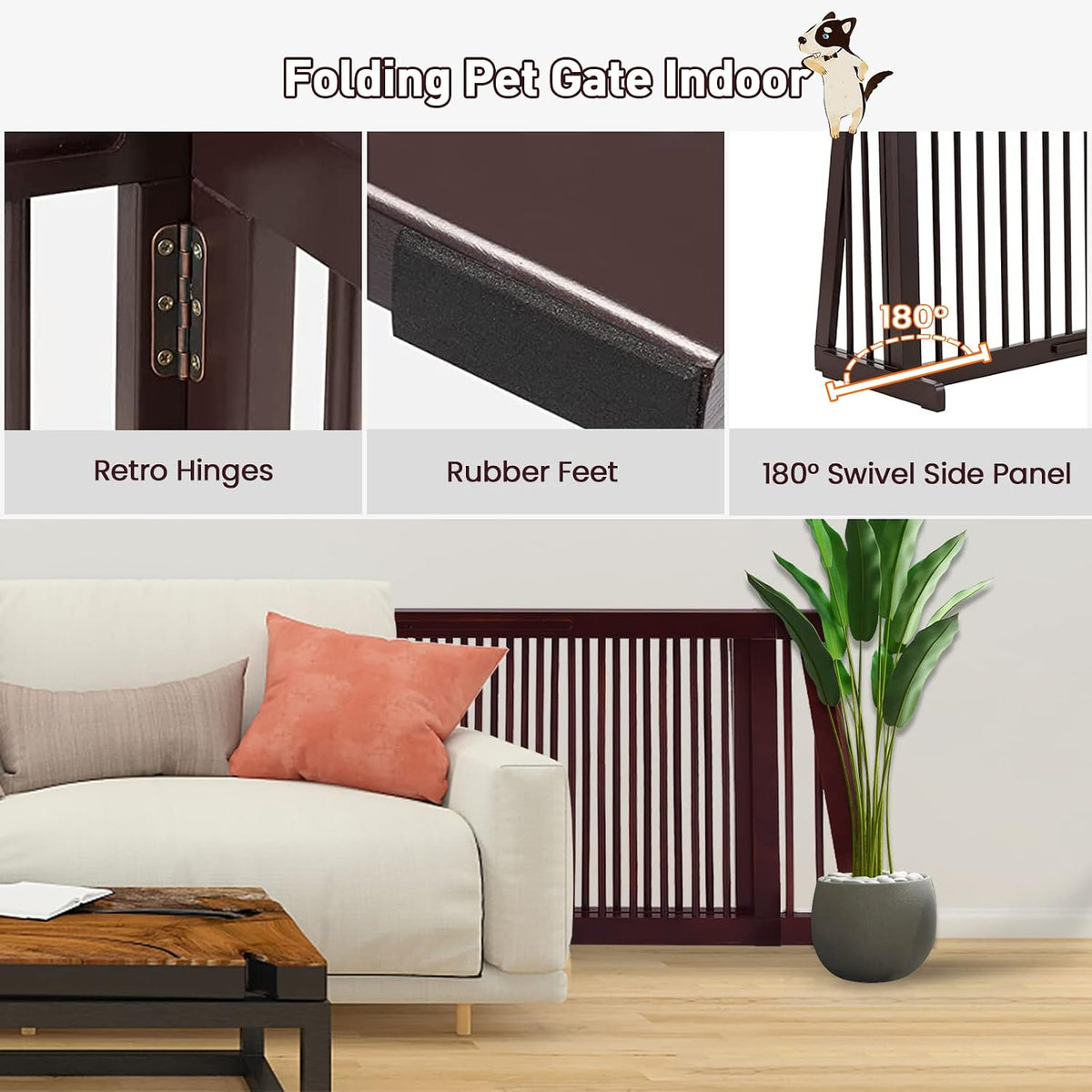 Freestanding Dog Gate, 28-81 Inch Folding Expandable Indoor Puppy Fence w/Widening Feet, Extra Wide Pet Gates, Wood Barrier, Step Over Dog Door for The House, Doorways, Stairs