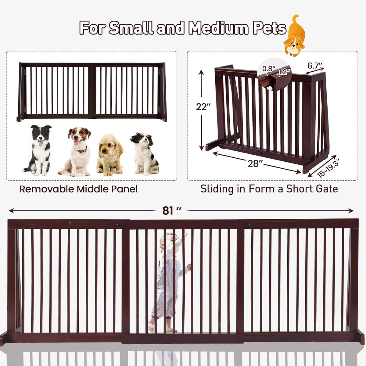 Freestanding Dog Gate, 28-81 Inch Folding Expandable Indoor Puppy Fence w/Widening Feet, Extra Wide Pet Gates, Wood Barrier, Step Over Dog Door for The House, Doorways, Stairs
