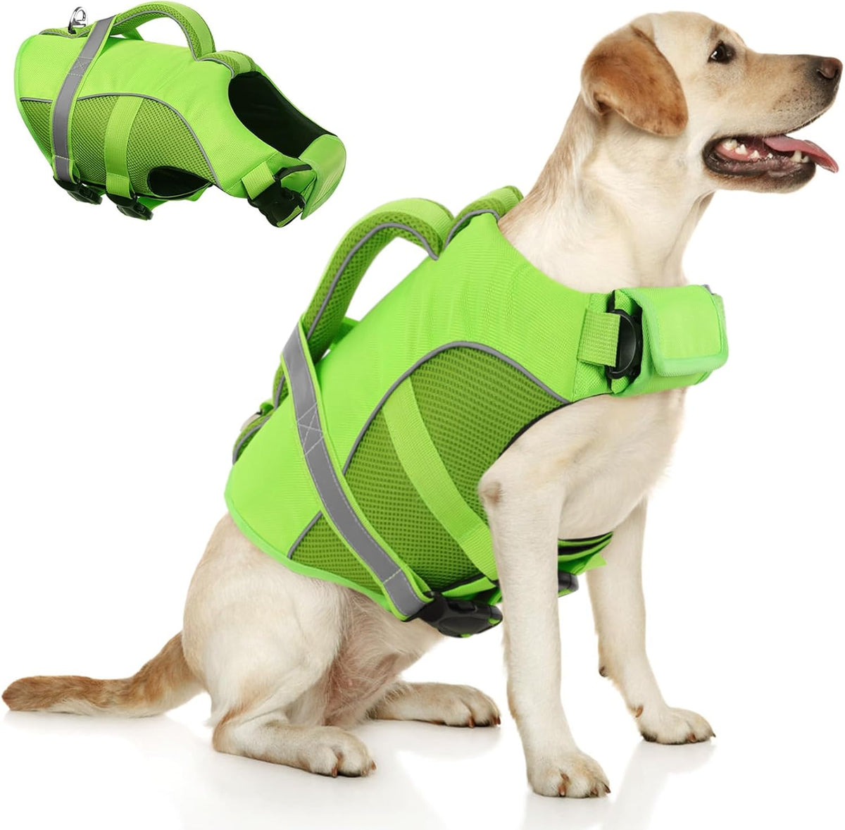 Adjustable Ripstop Dog Life Vest for Swimming & Boating, Lifesaver with Superior Buoyancy & Rescue Handle, Green, M